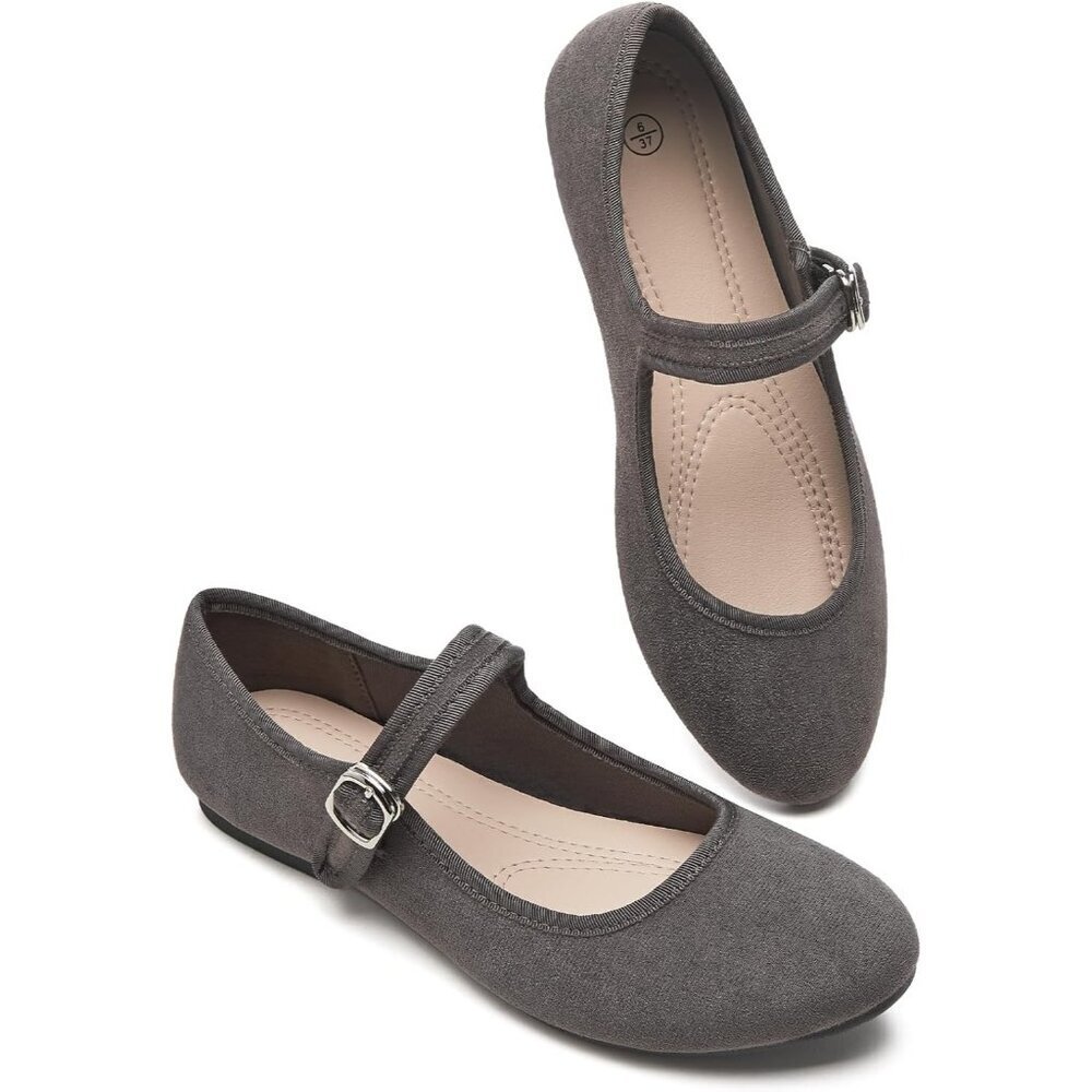 Babudog Womens Grey Faux Suede Rounded Toe Mary Jane Ballets Flats with Strap